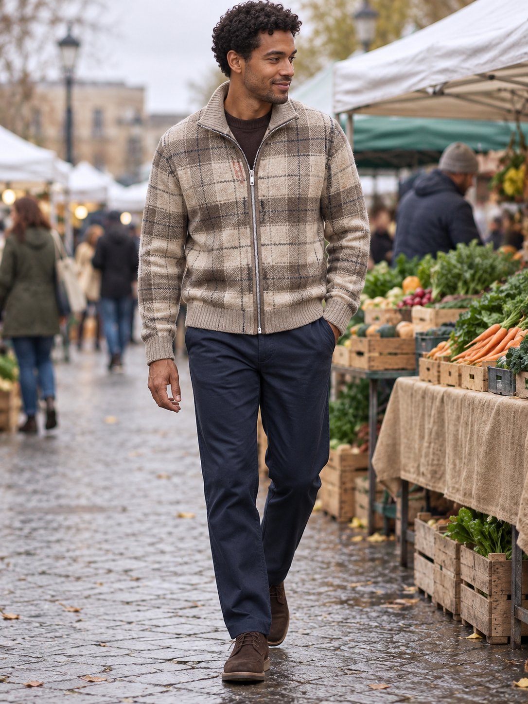 Out for the day: men's plaid wool full-zip cardigan worn in an everyday outfit