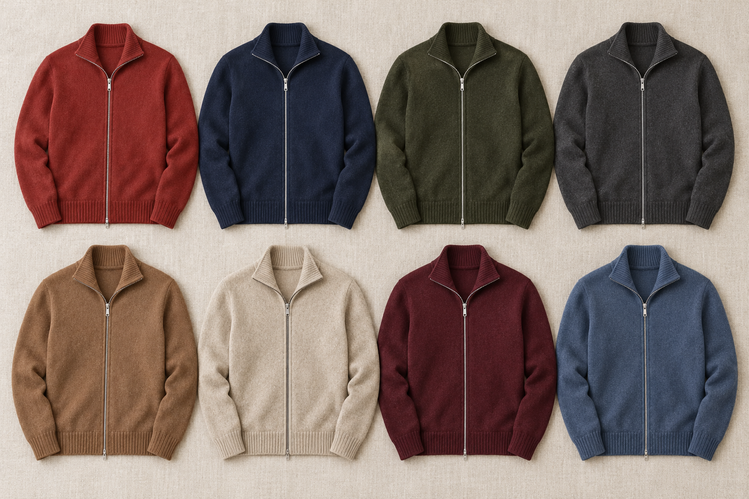 Eight colors of the men's solid full-zip cardigan shown in a consistent flat-lay grid