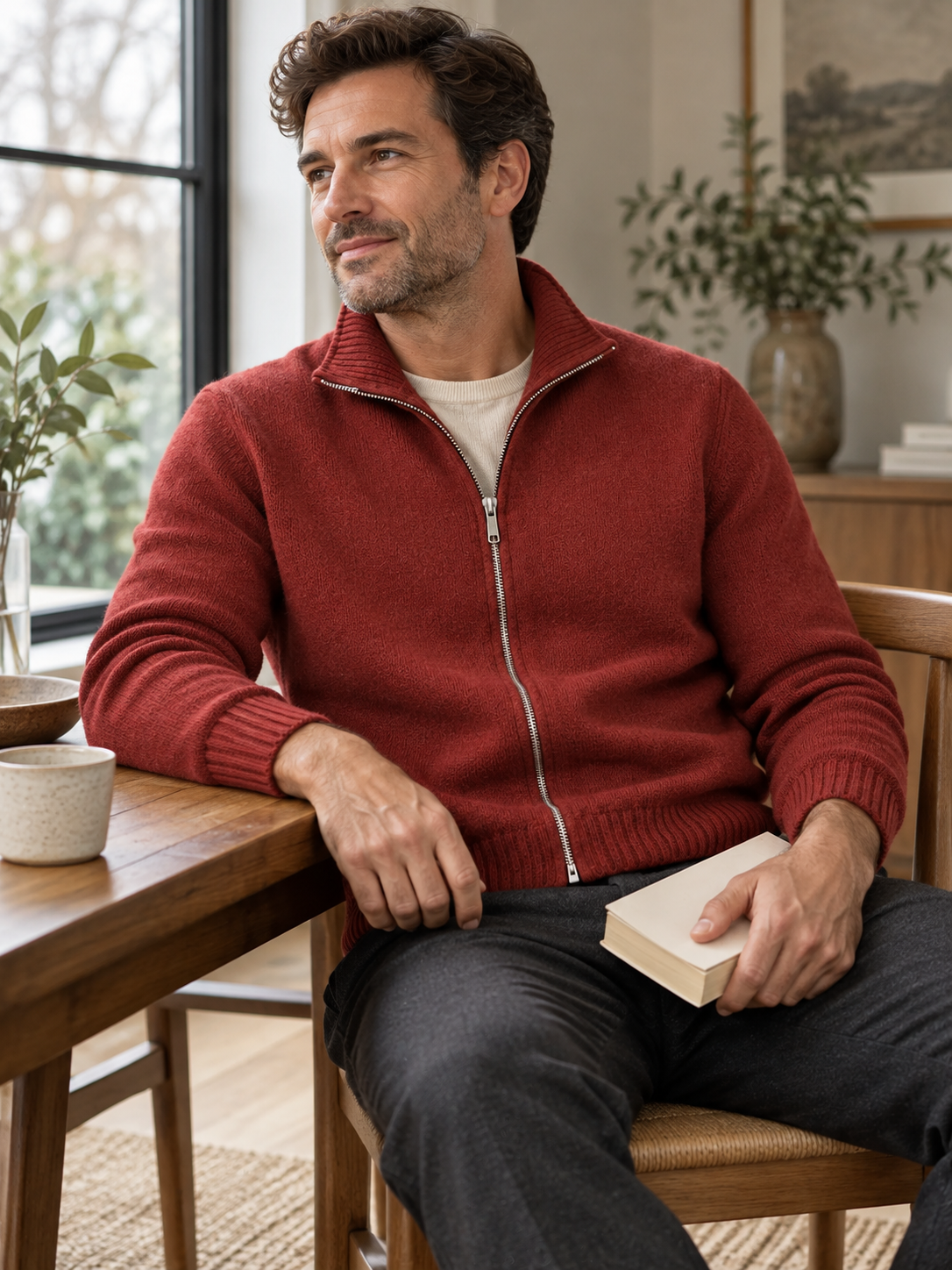 Men's solid wool full-zip cardigan styled for everyday wear