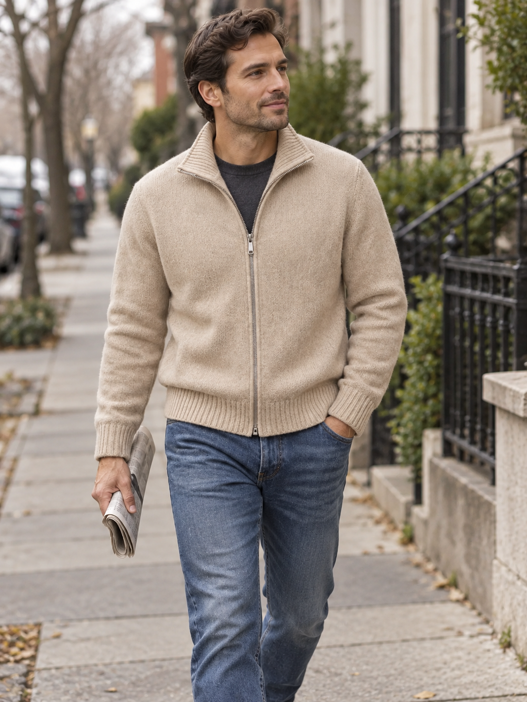On the move: men's solid wool full-zip cardigan worn in an everyday outfit