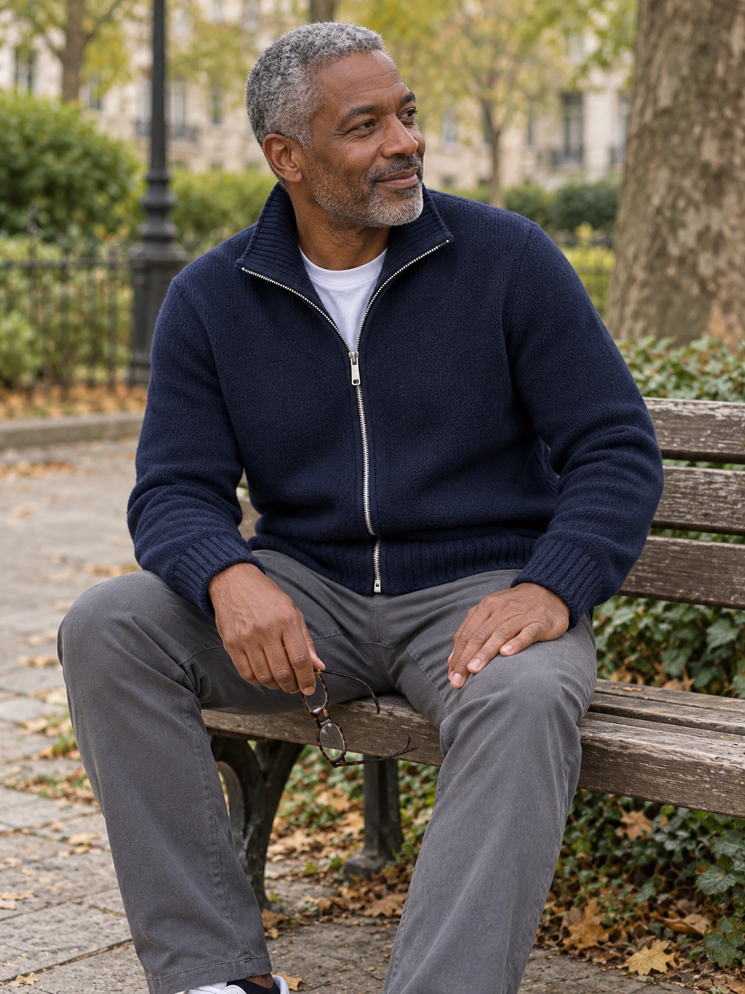 An afternoon outside: men's solid wool full-zip cardigan worn in an everyday outfit
