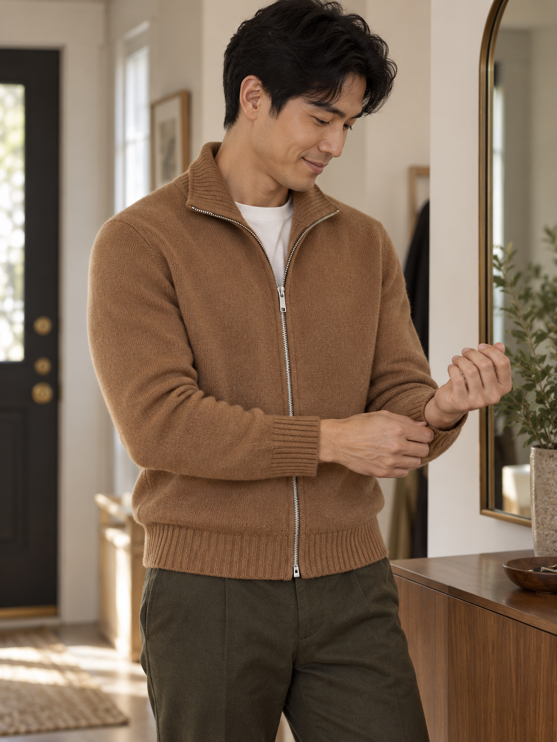 Ready to go: men's solid wool full-zip cardigan worn in an everyday outfit