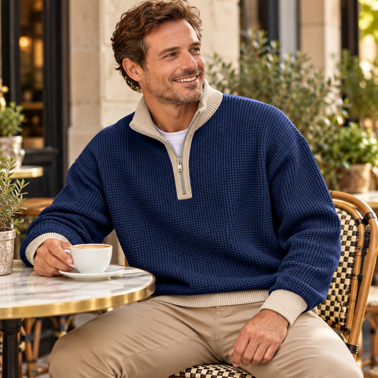 White male model seated smiling at an outdoor caf&eacute; in a Navy Blue quarter-zip with oatmeal trims