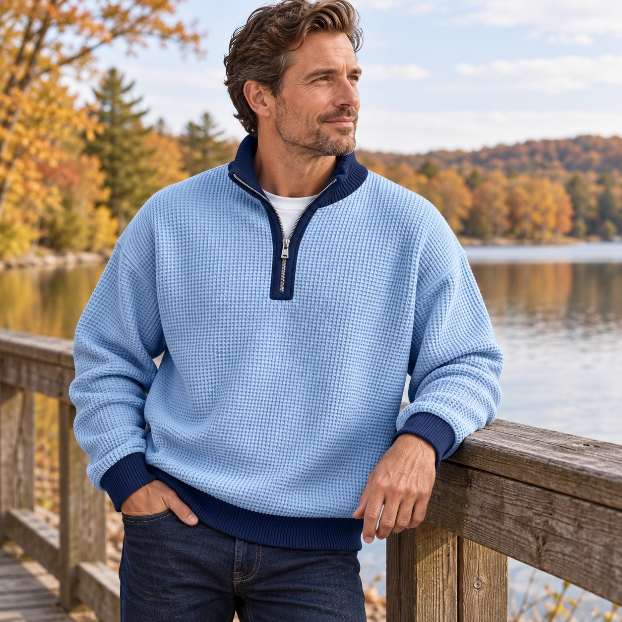 White male model resting at a lakeside wooden railing wearing the Light Blue contrast-trim quarter-zip