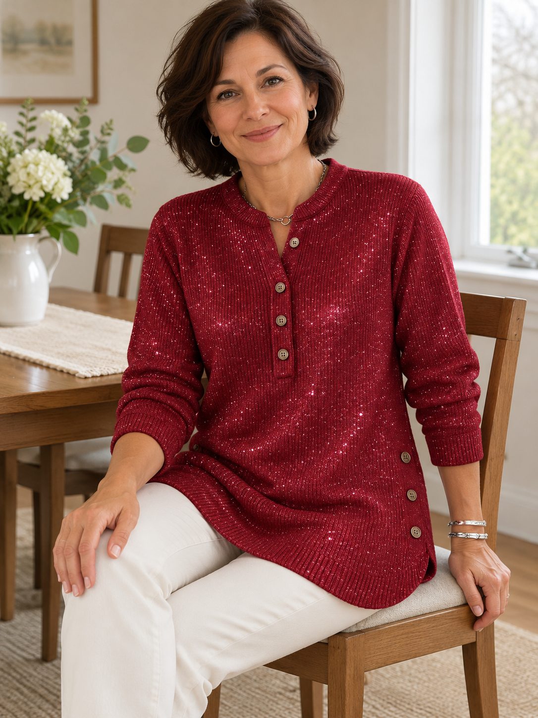 Four-button placket · side buttons · curved hem in a natural everyday setting