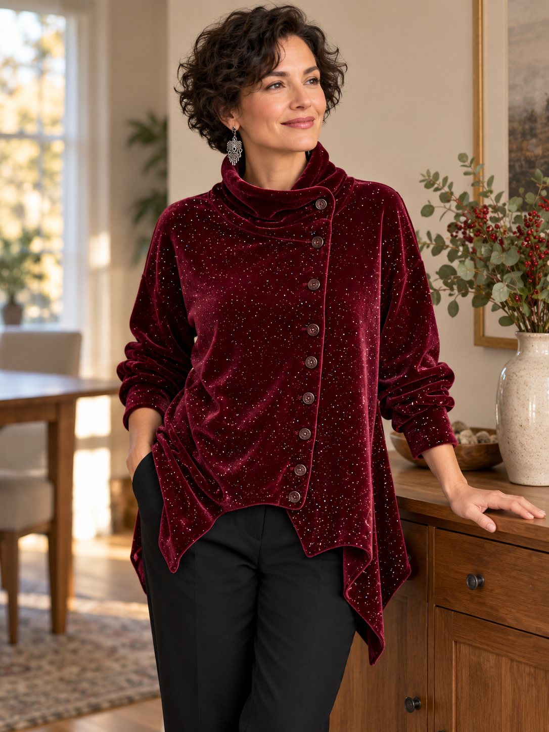 Draped high collar &middot; offset buttons &middot; pointed hem in a natural everyday setting
