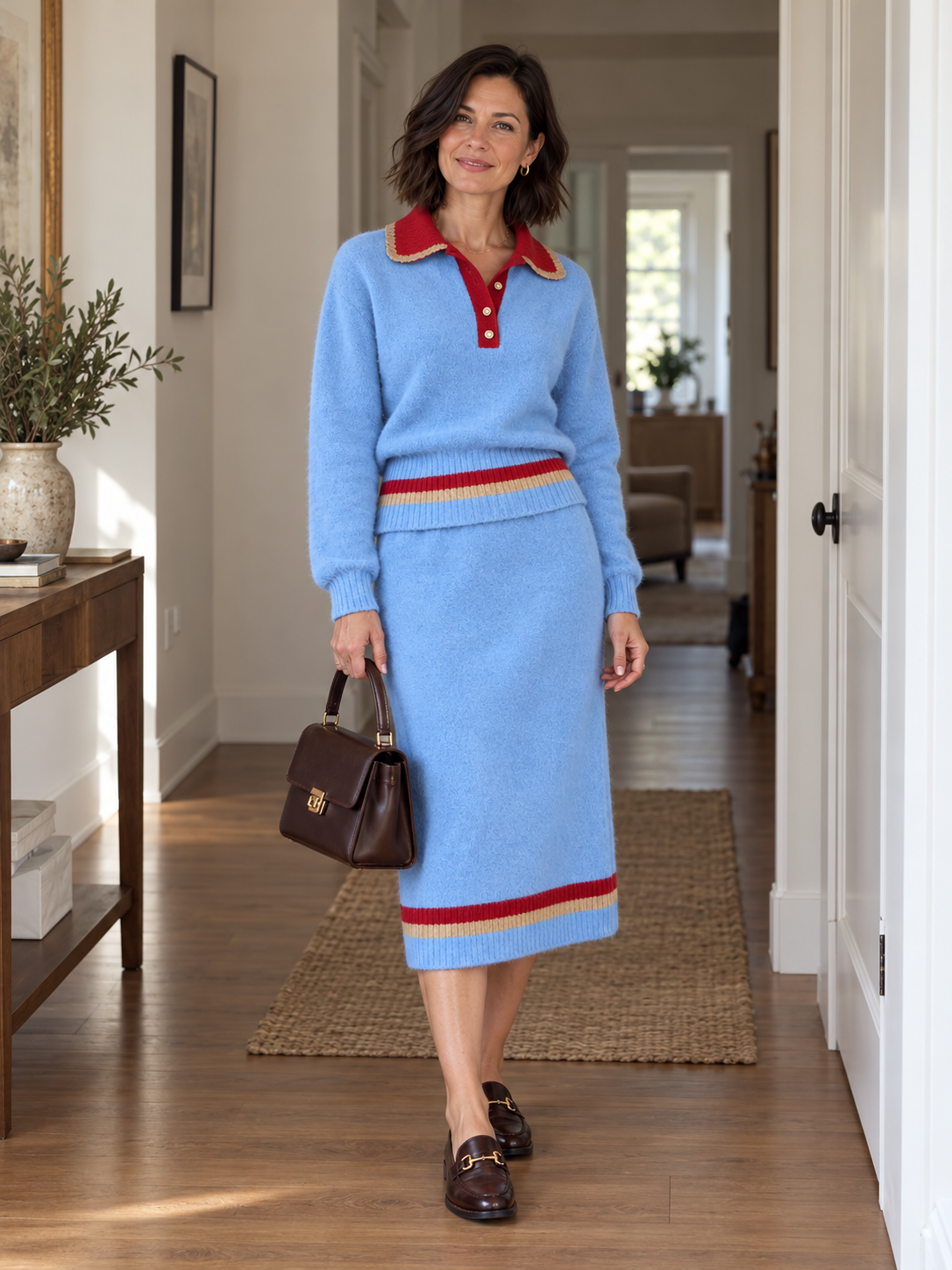 Collared sweater · contrast stripes · matching midi skirt in a natural everyday setting
