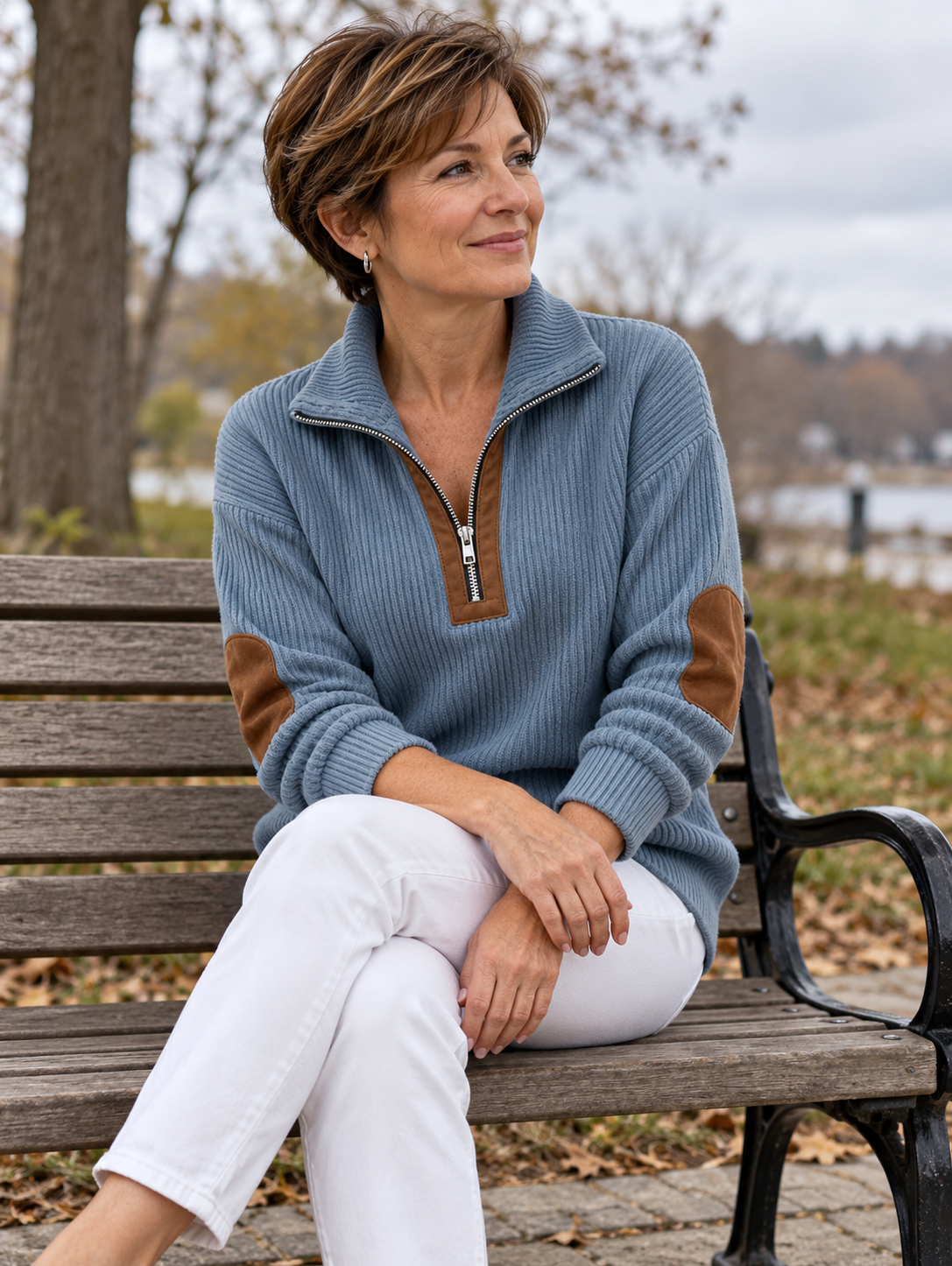 Half zip &middot; contrast elbow patches &middot; vertical ribs in a natural everyday setting