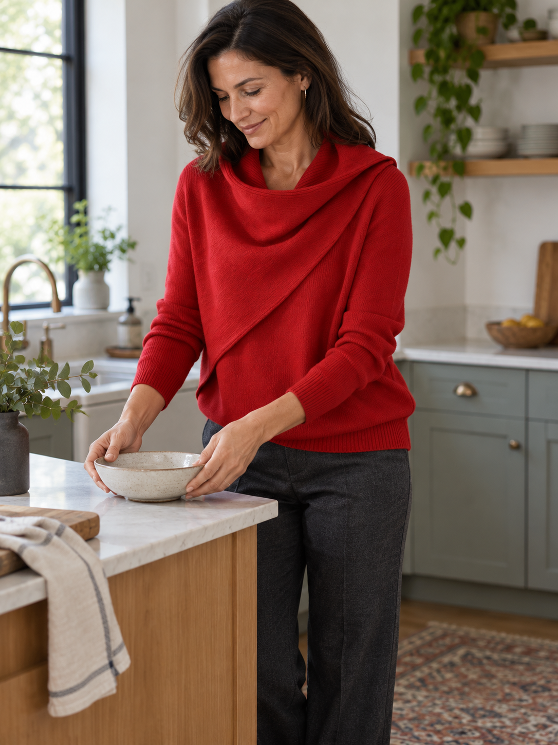 Cross-wrap cowl &middot; pullover shape &middot; long sleeves in a natural everyday setting
