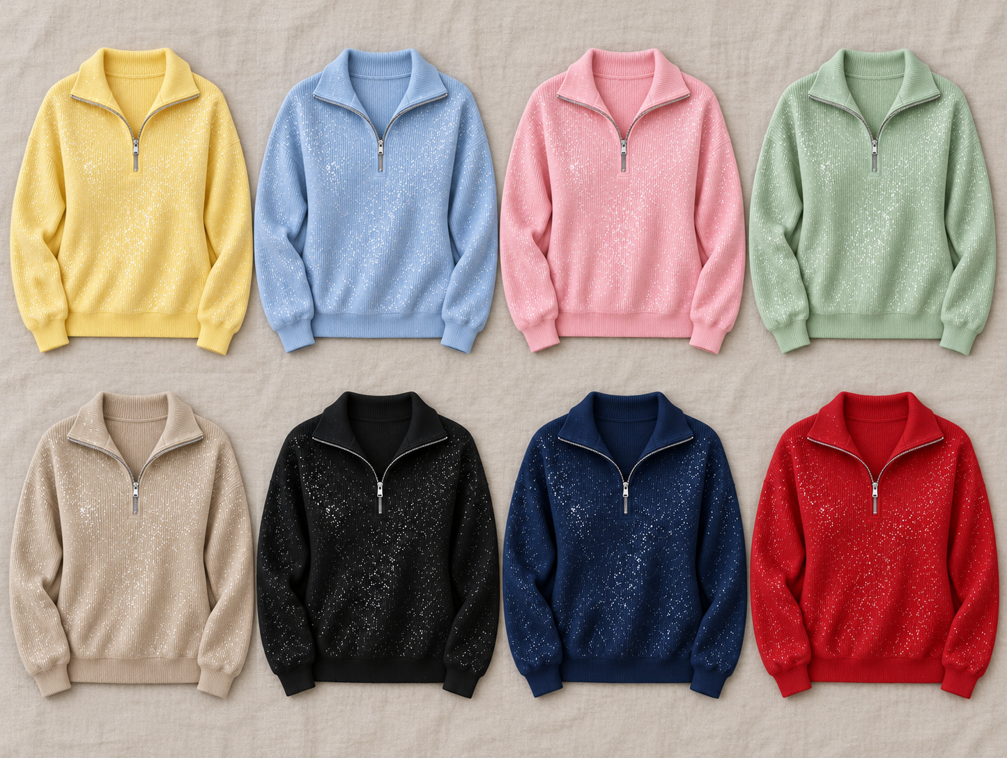Consistent front-view comparison of Yellow, Blue, Pink, Green, Khaki, Black, Navy, Red
