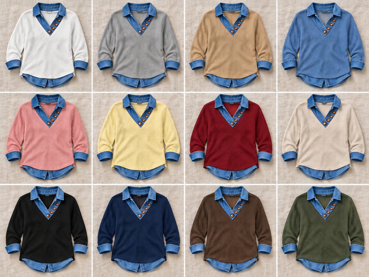 Consistent front-view comparison of White, Gray, Khaki, Blue, Pink, Yellow, Red, Beige, Black, Navy, Brown, Green