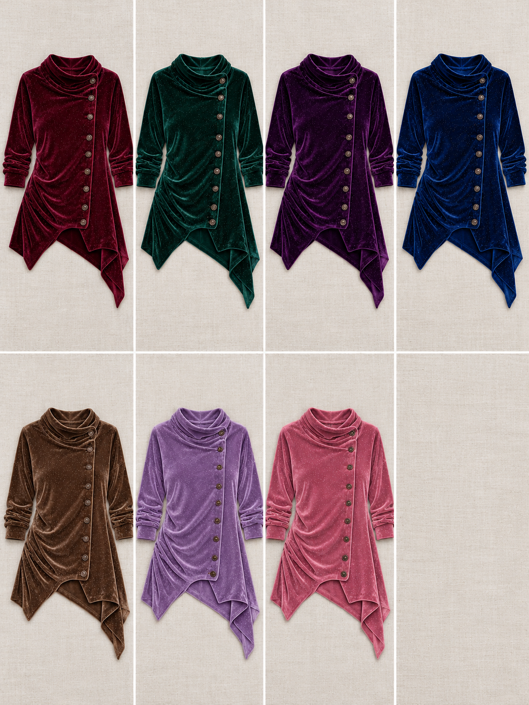 Consistent front-view comparison of Burgundy, Green, Purple, Blue, Mocha, Light Purple, Pink