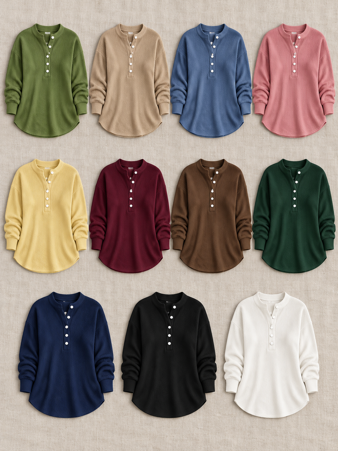 Consistent front-view comparison of Olive Green, Khaki, Blue, Pink, Yellow, Wine, Coffee, Dark Green, Navy, Black, White