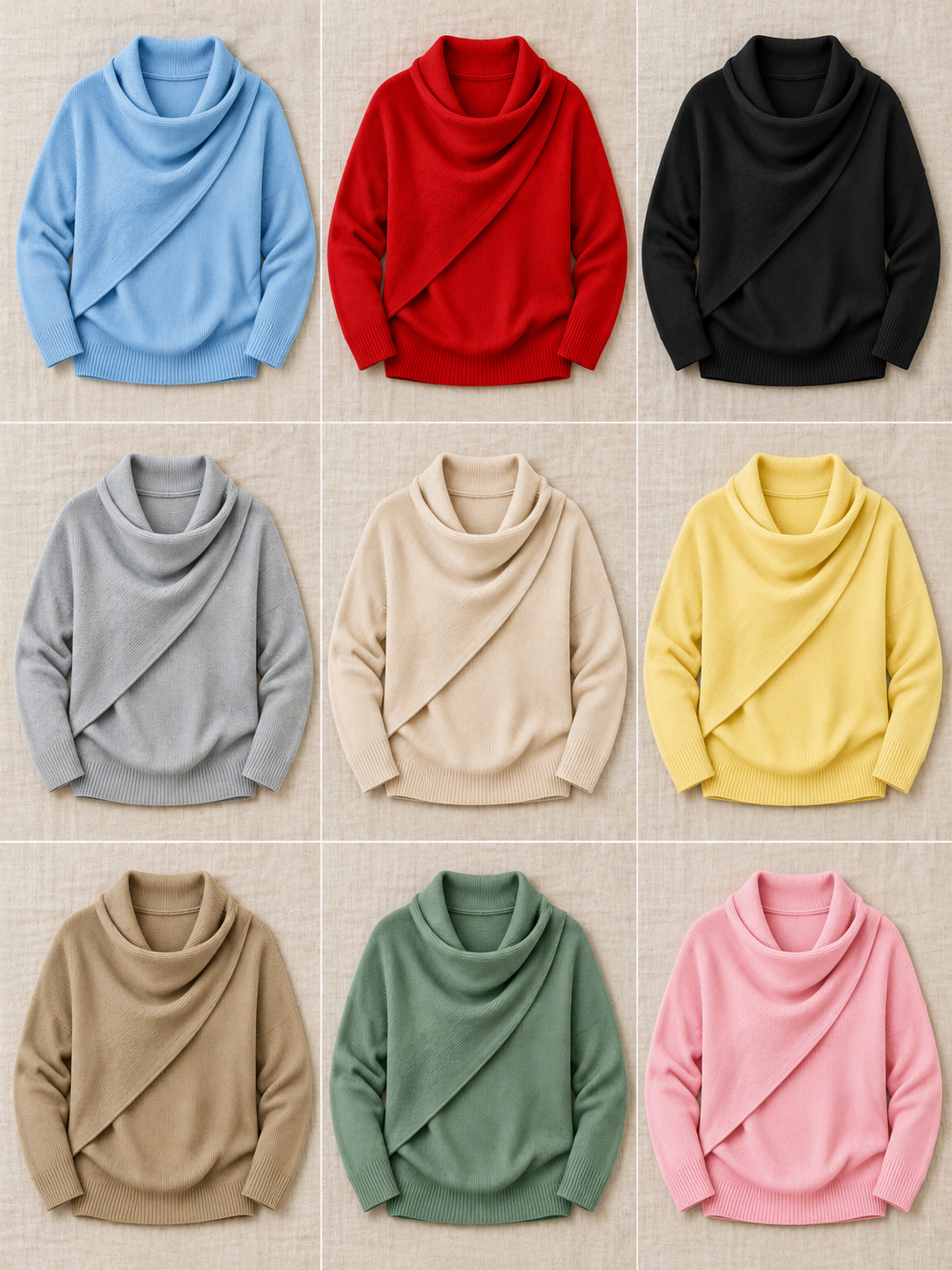 Consistent front-view comparison of Blue, Red, Black, Grey, Beige, Yellow, Khaki, Green, Pink