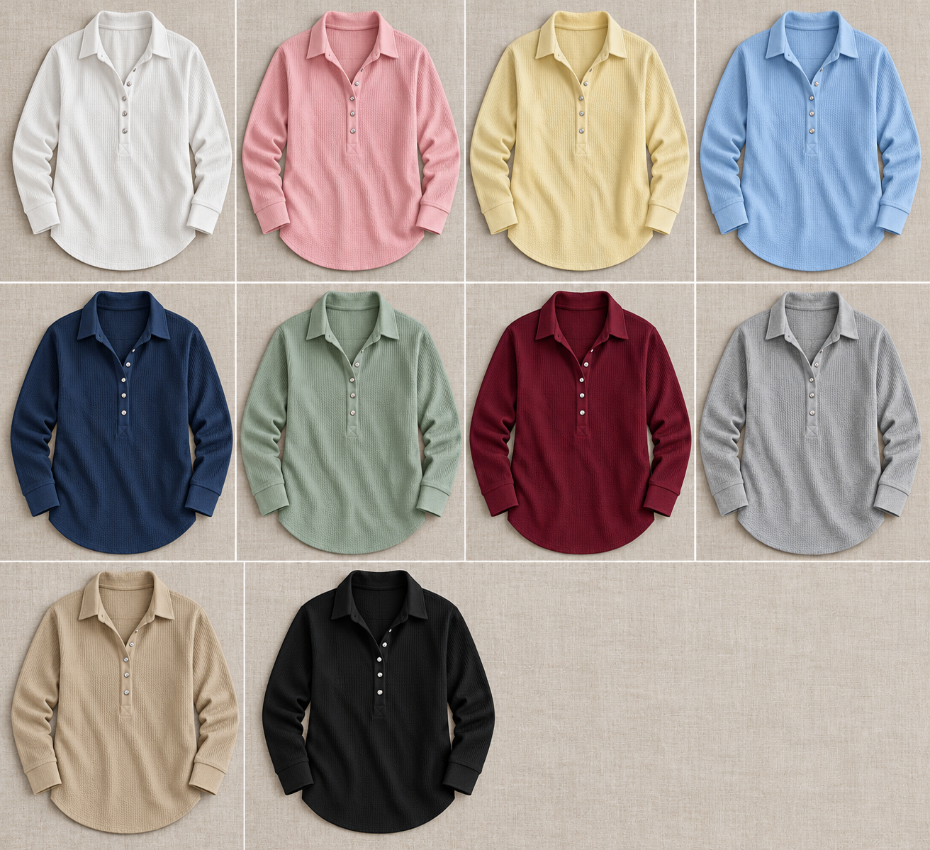 Consistent front-view comparison of White, Pink, Yellow, Blue, Navy, Sage Green, Wine, Grey, Khaki, Black