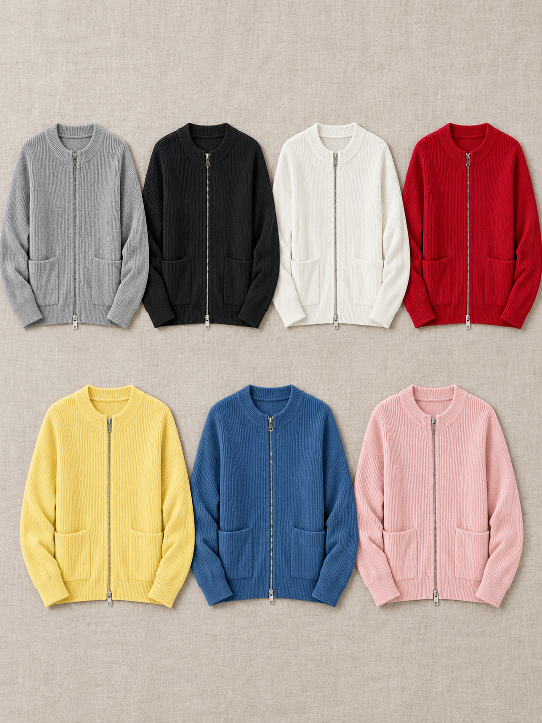 Consistent front-view comparison of Grey, Black, White, Red, Yellow, Blue, Light Pink