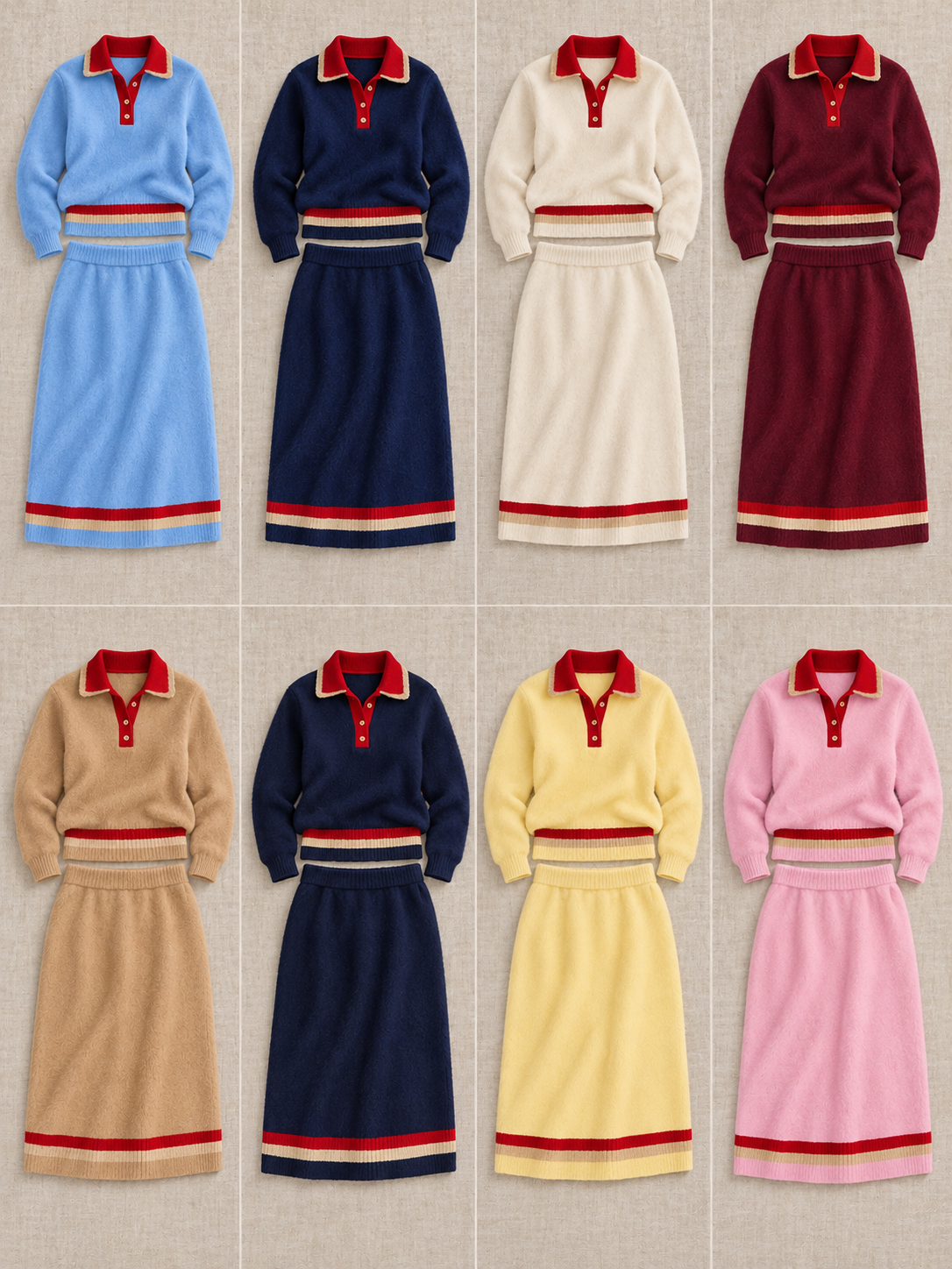 Consistent front-view comparison of Light Blue, Navy, Off White, Burgundy, Khaki, Dark Navy, Yellow, Pink