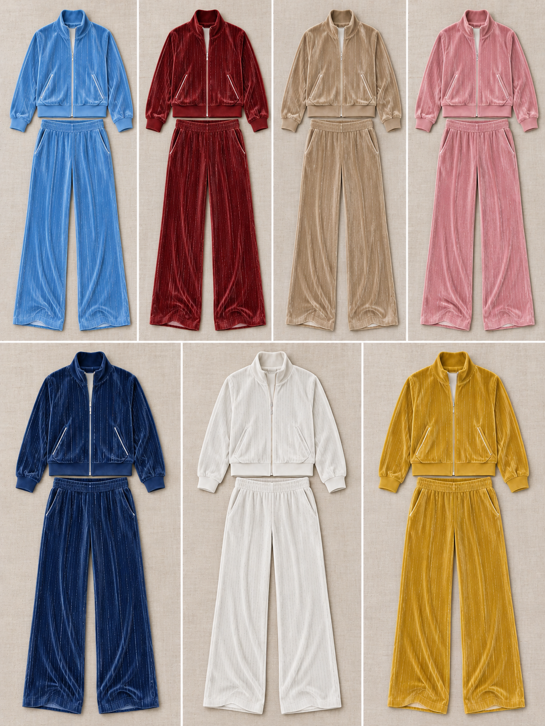 Consistent front-view comparison of Light Blue, Burgundy, Khaki, Pink, Navy, White, Mustard Yellow
