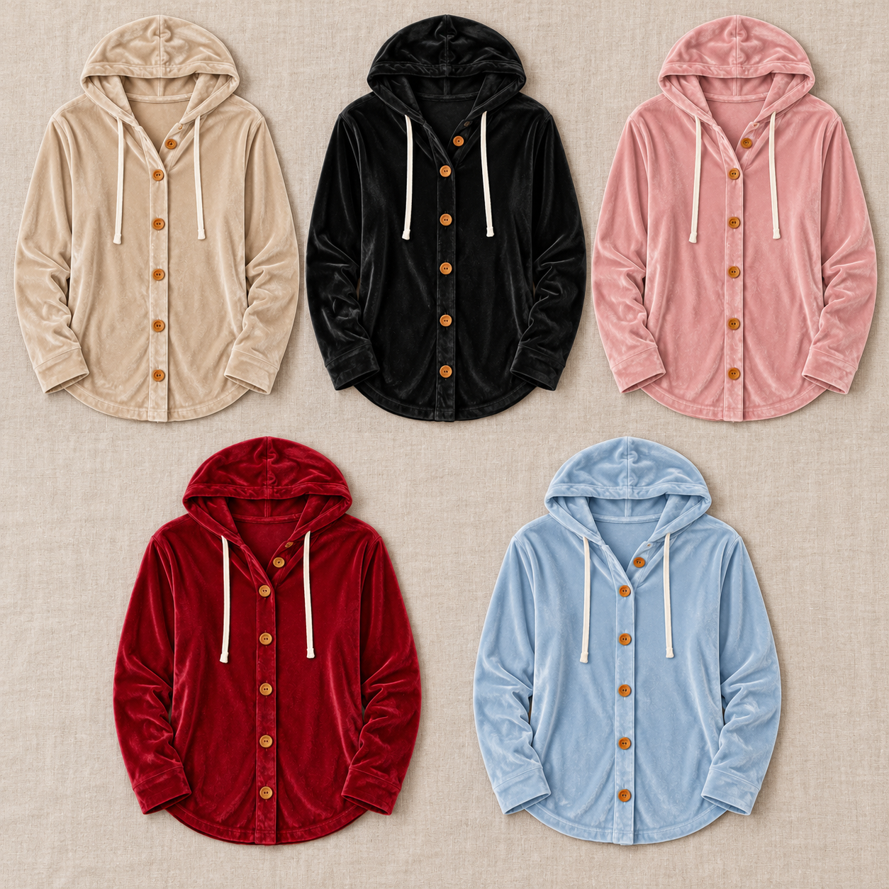 Consistent front-view comparison of Beige, Black, Pink, Red, Light Blue