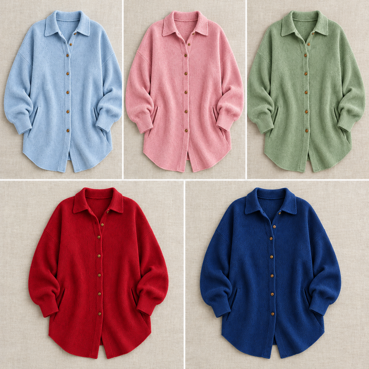Consistent front-view comparison of Light Blue, Pink, Green, Red, Dark Blue