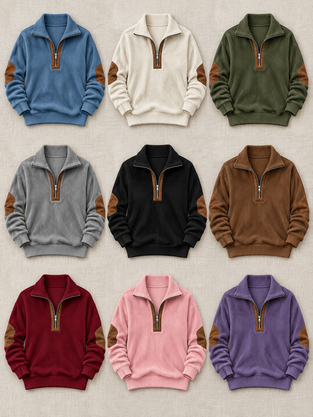 Consistent front-view comparison of Blue, Off White, Army Green, Gray, Black, Brown, Wine Red, Pink, Purple