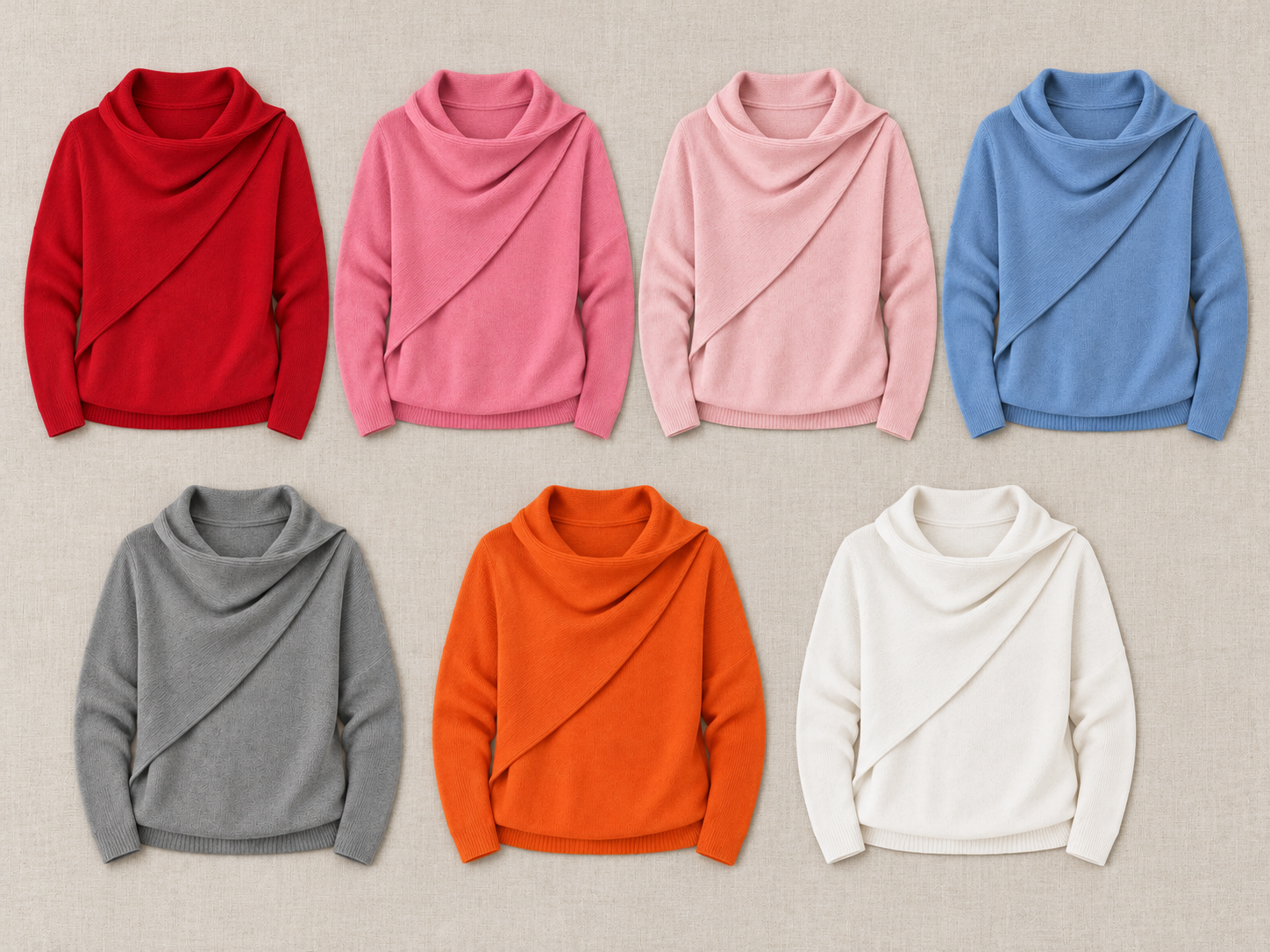 Consistent front-view comparison of Red, Pink, Light pink, Blue, Gray, Orange, White