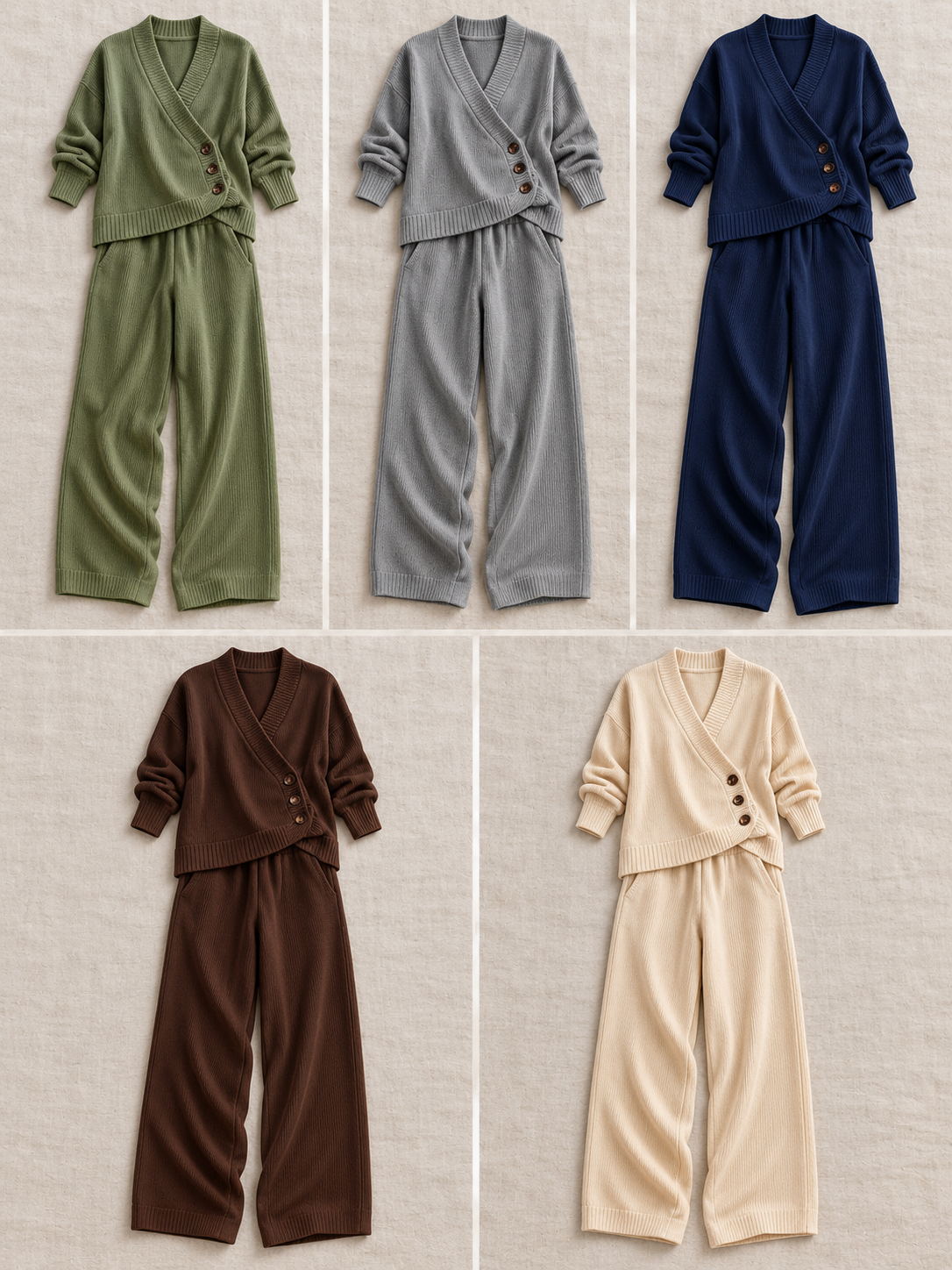 Consistent front-view comparison of Green, Grey, Navy blue, Dark brown, Apricot