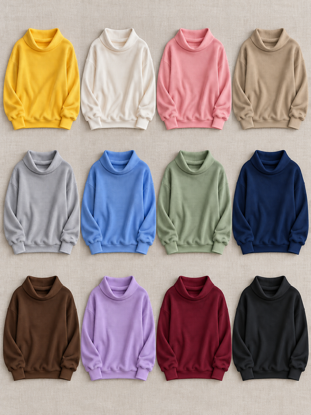 Consistent front-view comparison of Yellow, White, Pink, Khaki, Grey, Blue, Green, Navy, Brown, Purple, Wine, Black