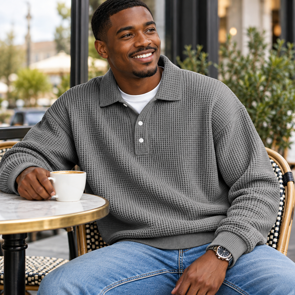 Man seated on a cafe terrace smiling beside a coffee cup in the gray waffle polo