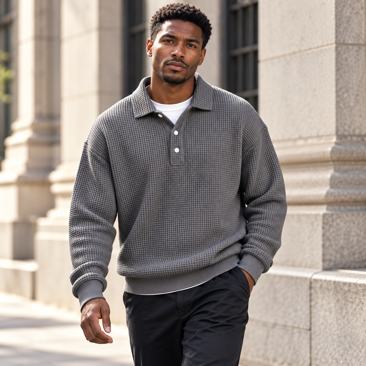 Man walking past city architecture wearing the gray waffle polo and dark chinos