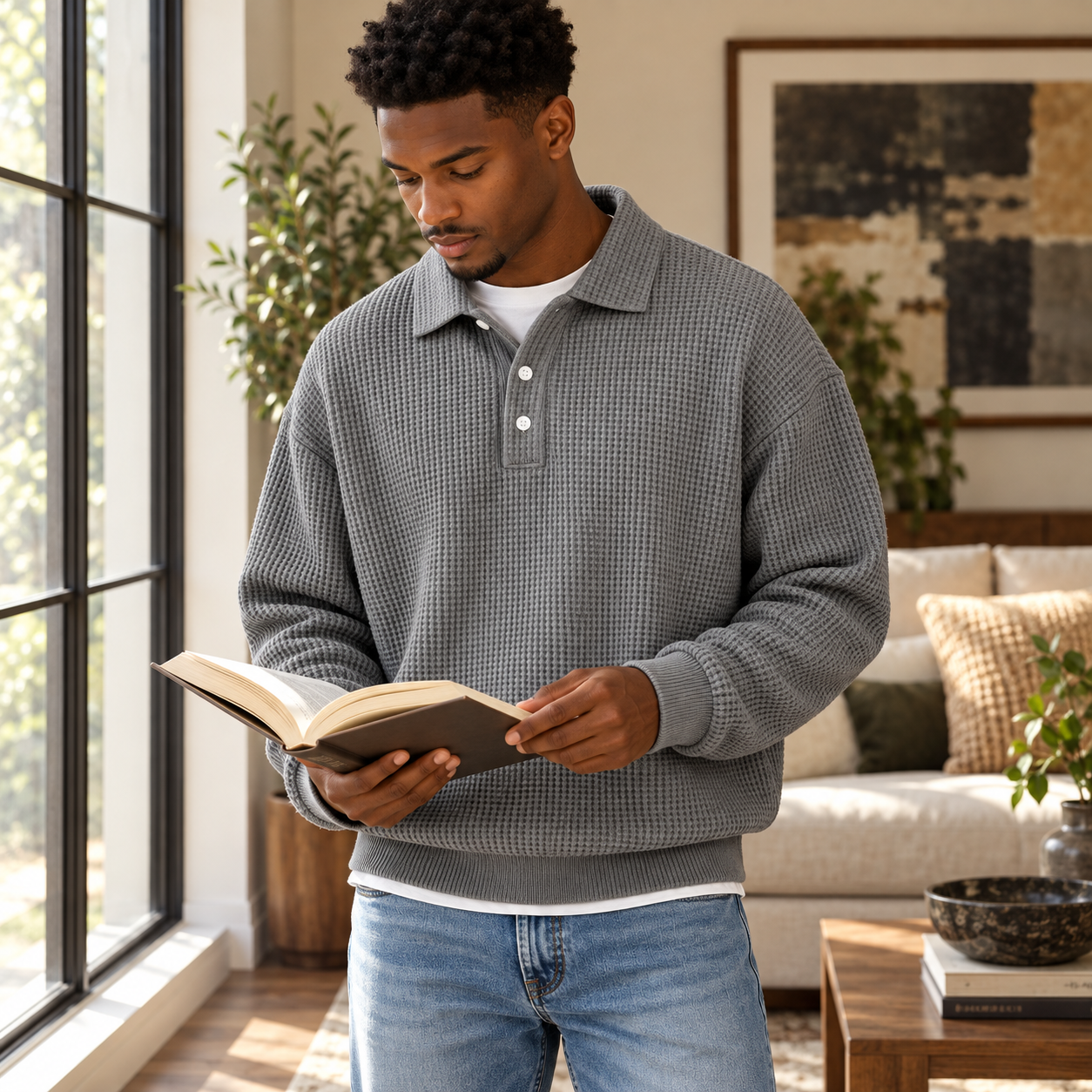 Man browsing an open book beside a living-room window wearing the gray waffle polo