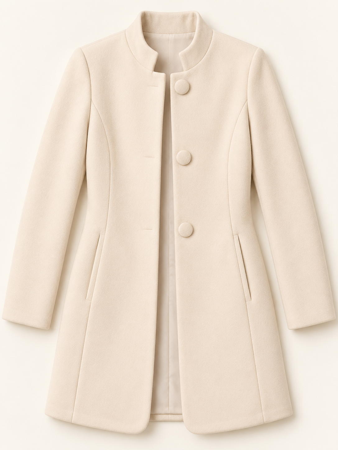 Complete Apricot jacket laid flat, showing stand collar, covered buttons, shaping seams and inset hip pockets