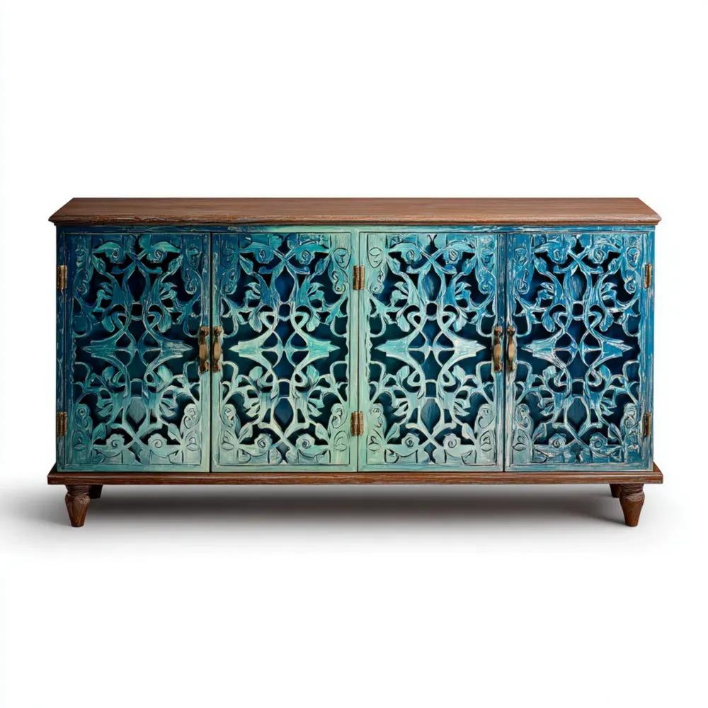 Aparador de Madera Tallada 150x40x85 cm - Azul Ombre - Diseño Artístico