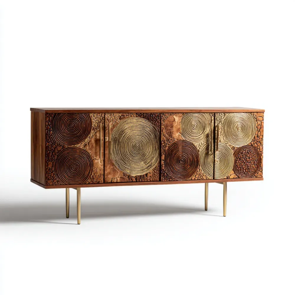 Aparador de Madera Tallada 150x40x80 cm - Marrón/Dorado - Estilo Contemporáneo