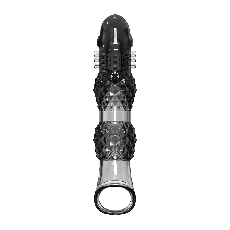 9.21" x 1.99" Transparent, Ribbed Crystal-Realistic Penis Extension Sleeve (with Vibration)