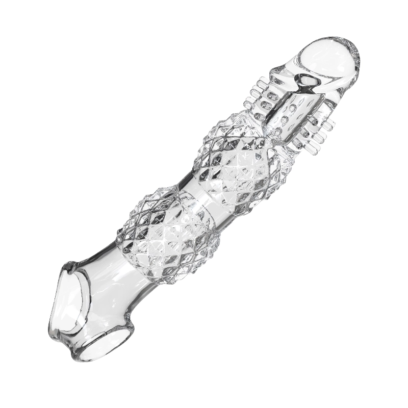 9.21" x 1.99" Transparent, Ribbed Crystal-Realistic Penis Extension Sleeve (with Vibration)
