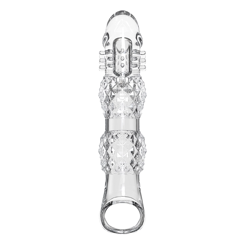 9.21" x 1.99" Transparent, Ribbed Crystal-Realistic Penis Extension Sleeve (with Vibration)