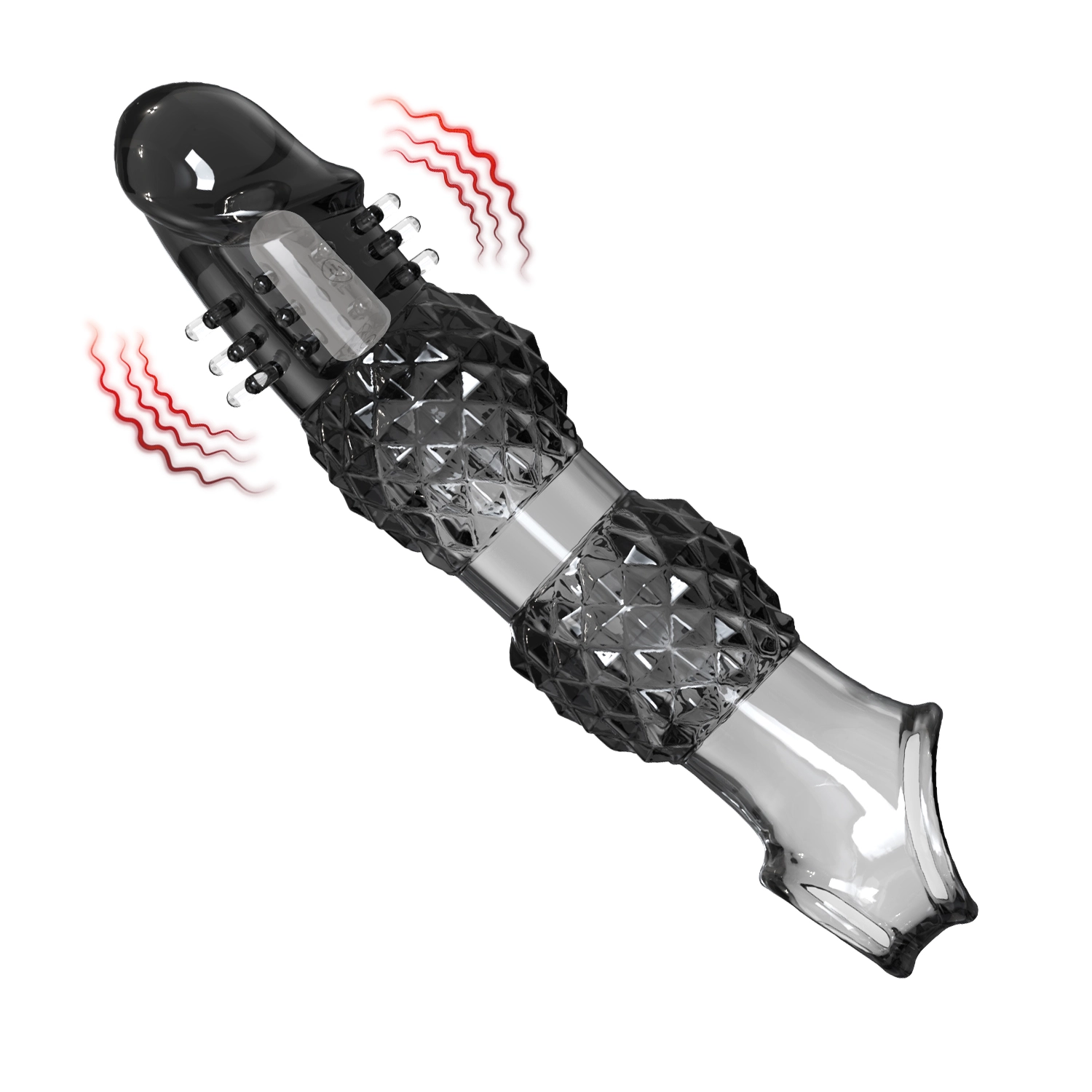 9.21" x 1.99" Transparent, Ribbed Crystal-Realistic Penis Extension Sleeve (with Vibration)