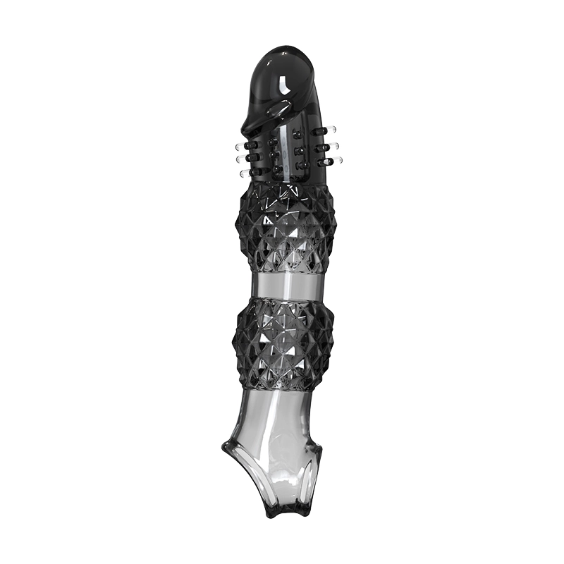 9.21" x 1.99" Transparent, Ribbed Crystal-Realistic Penis Extension Sleeve (with Vibration)
