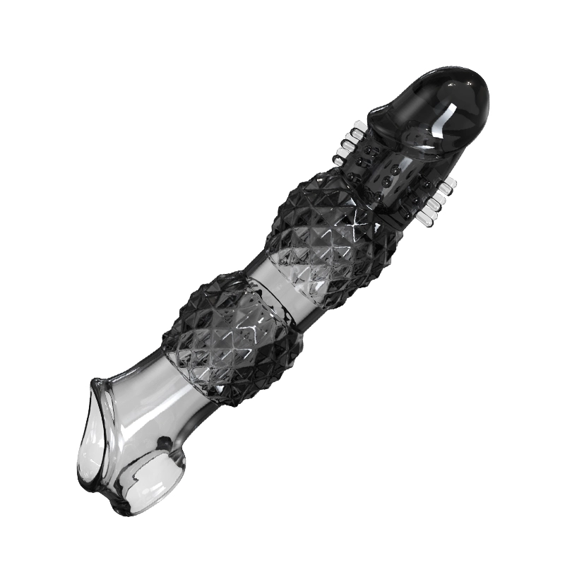 9.21" x 1.99" Transparent, Ribbed Crystal-Realistic Penis Extension Sleeve (with Vibration)