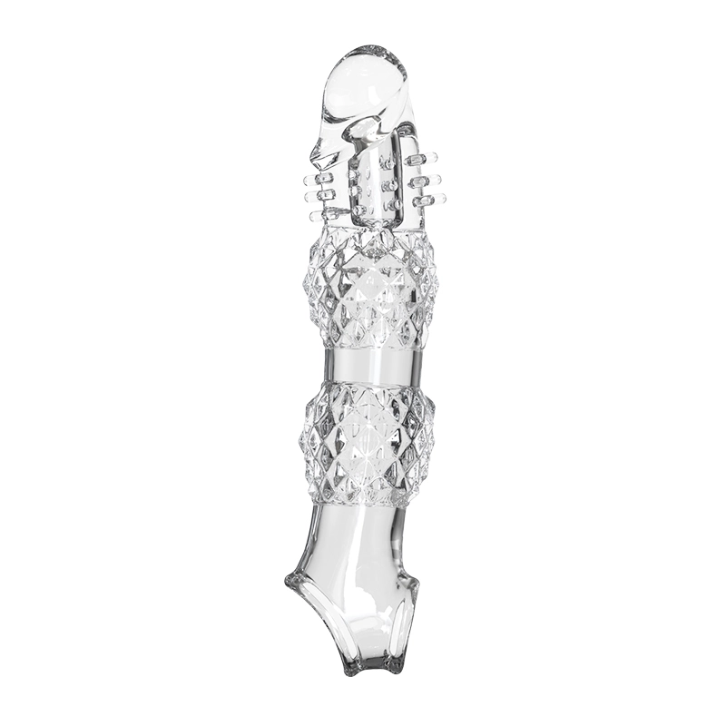 9.21" x 1.99" Transparent, Ribbed Crystal-Realistic Penis Extension Sleeve (with Vibration)