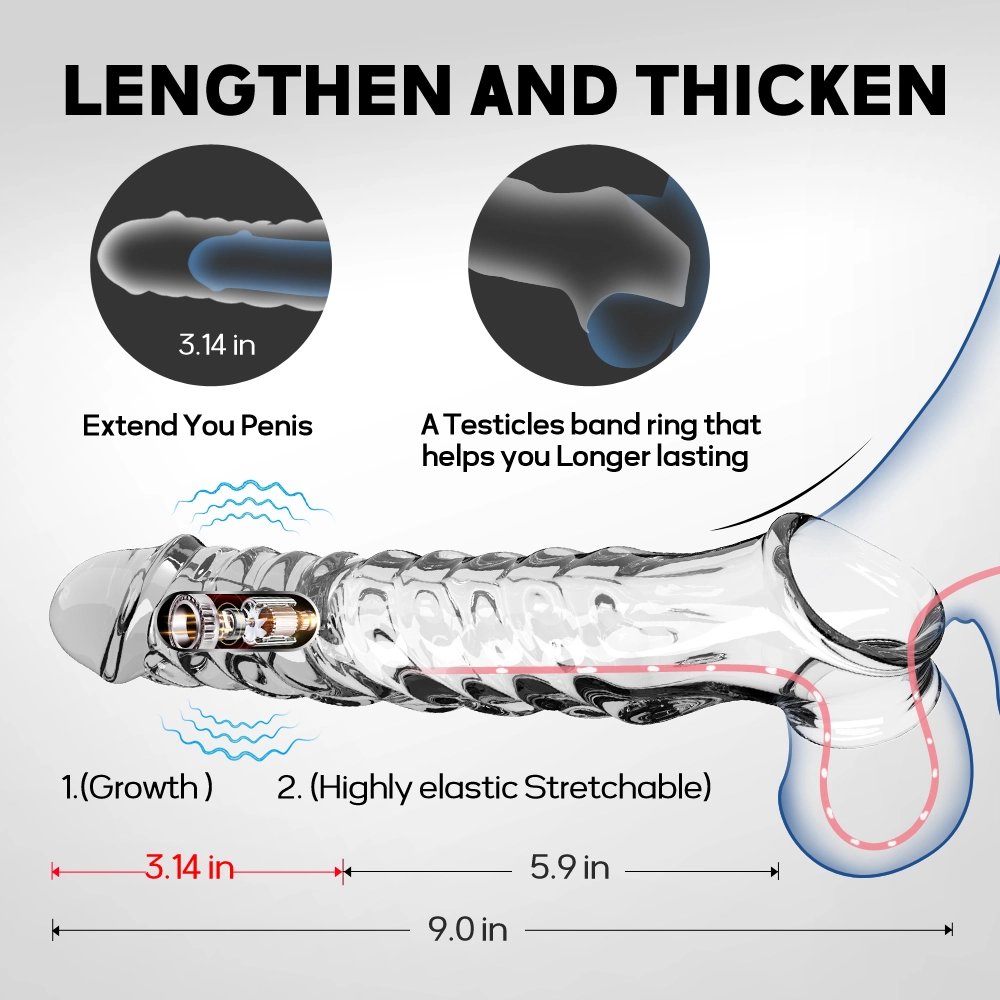 9" x 1.57" Transparent, Thickening, Realistic Cock Extension Sleeve [With Vibration]