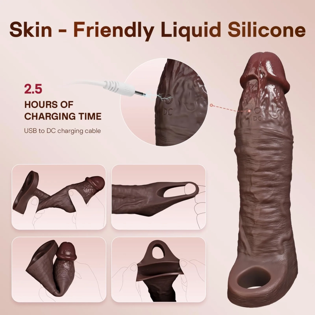 7.7 x 1.96-inch Brown-Black Realistic Vibrating Penis Sleeve with Remote Control