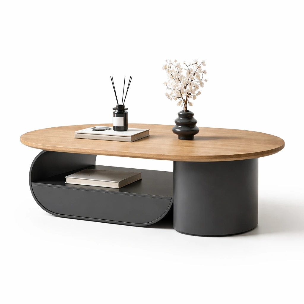 Couchtisch oval Holz Schwarz mit Ablage