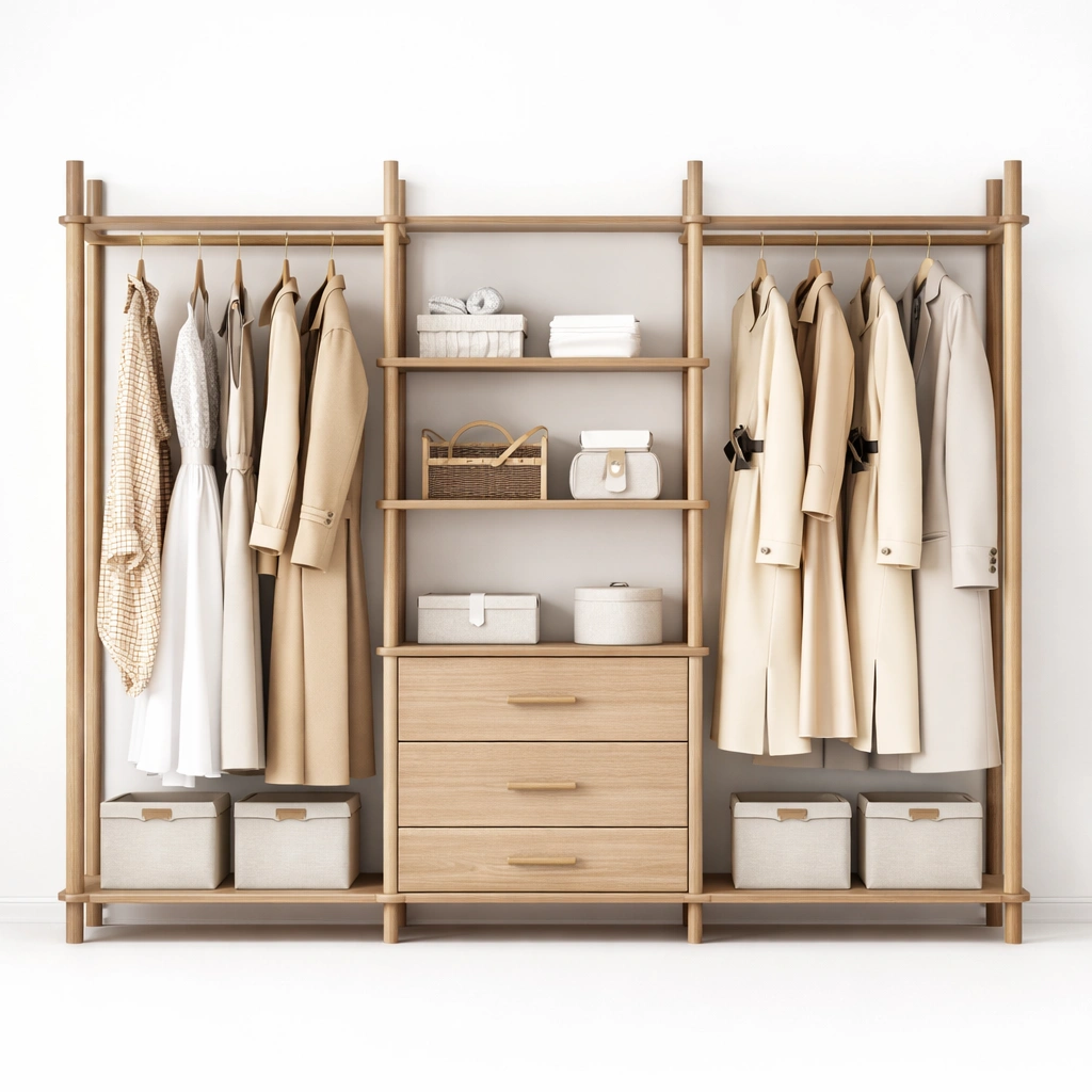 Offener Kleiderschrank Holz Natur mit Regalen und Schubladen