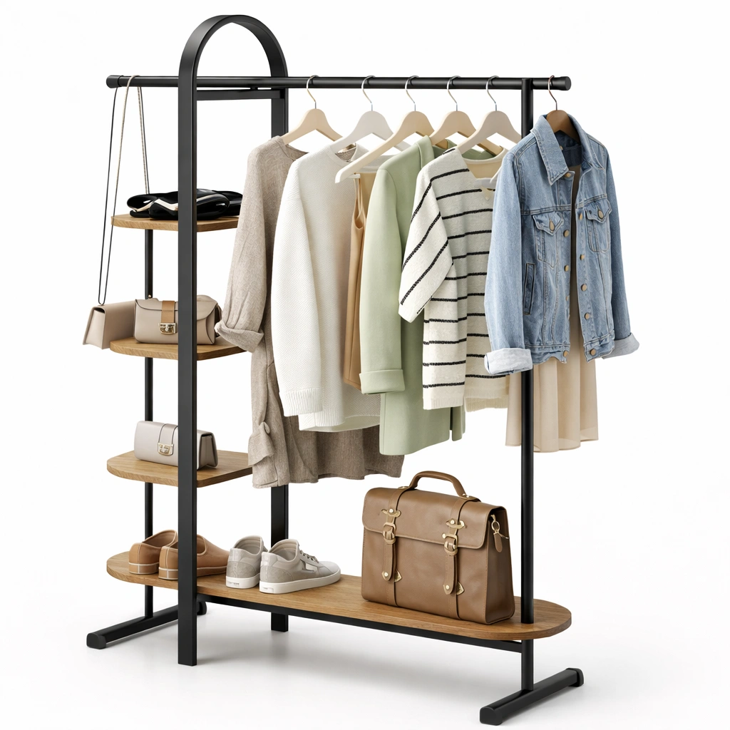Kleiderstaender Metall Schwarz mit Ablagen Holz