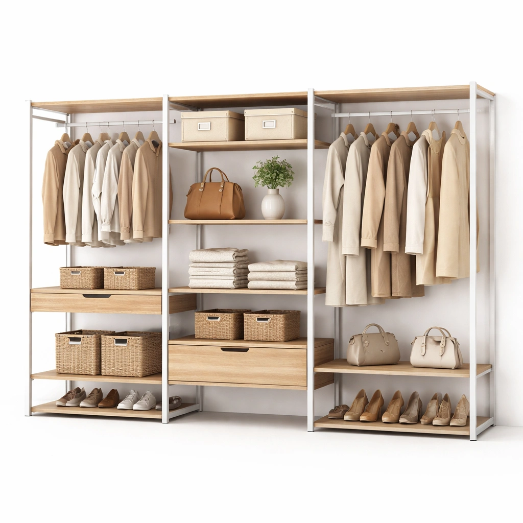 Offenes Schranksystem Weiss Holz mit Regalen und Stangen