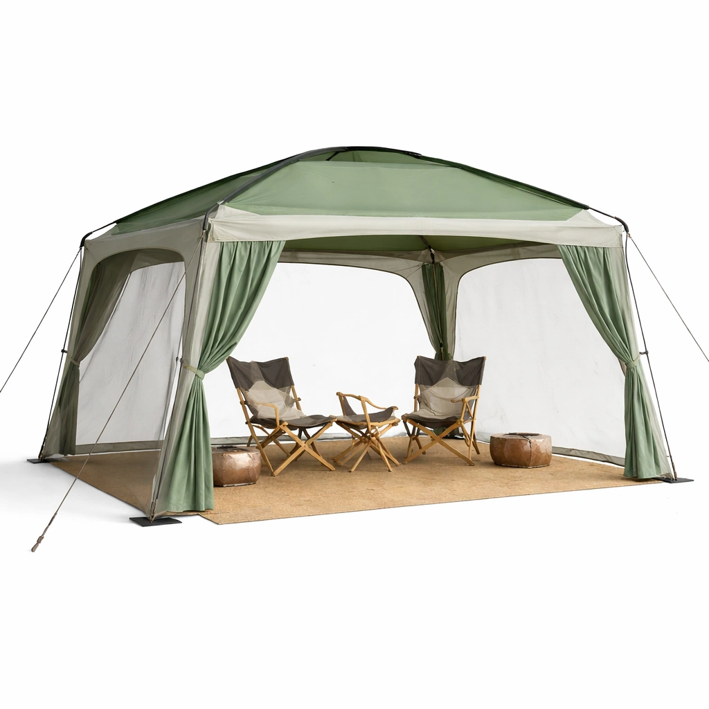 Gartenpavillon Gruen Outdoor mit Vorhaengen und Netz