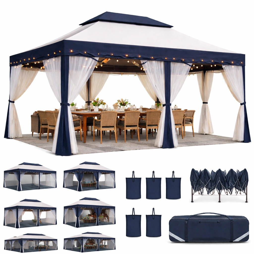 Faltpavillon Blau Gross mit LED Beleuchtung Outdoor