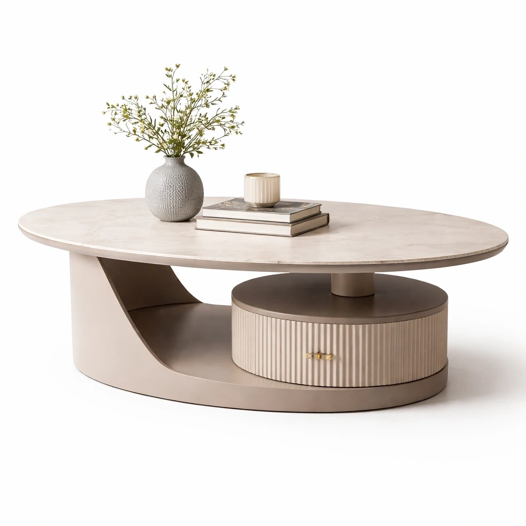 Moderner Couchtisch Beige rund mit Stauraum